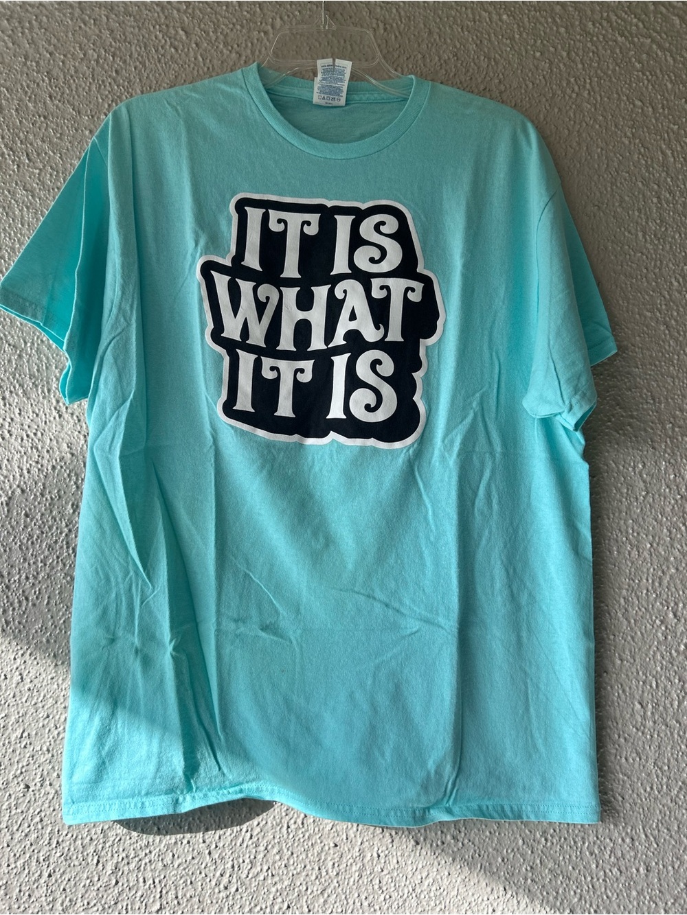 Funny saying  t shirt Aqua Graphic Tee "It Is What It Is" men’s large NWOT